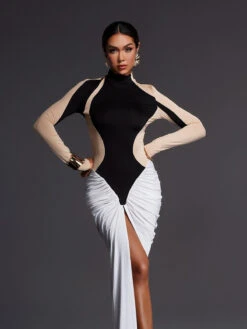 Emmly Long Sleeve Ruched Split Maxi Dress
