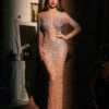Eormengard Long Sleeve Rhinestone Maxi Dress In Nude