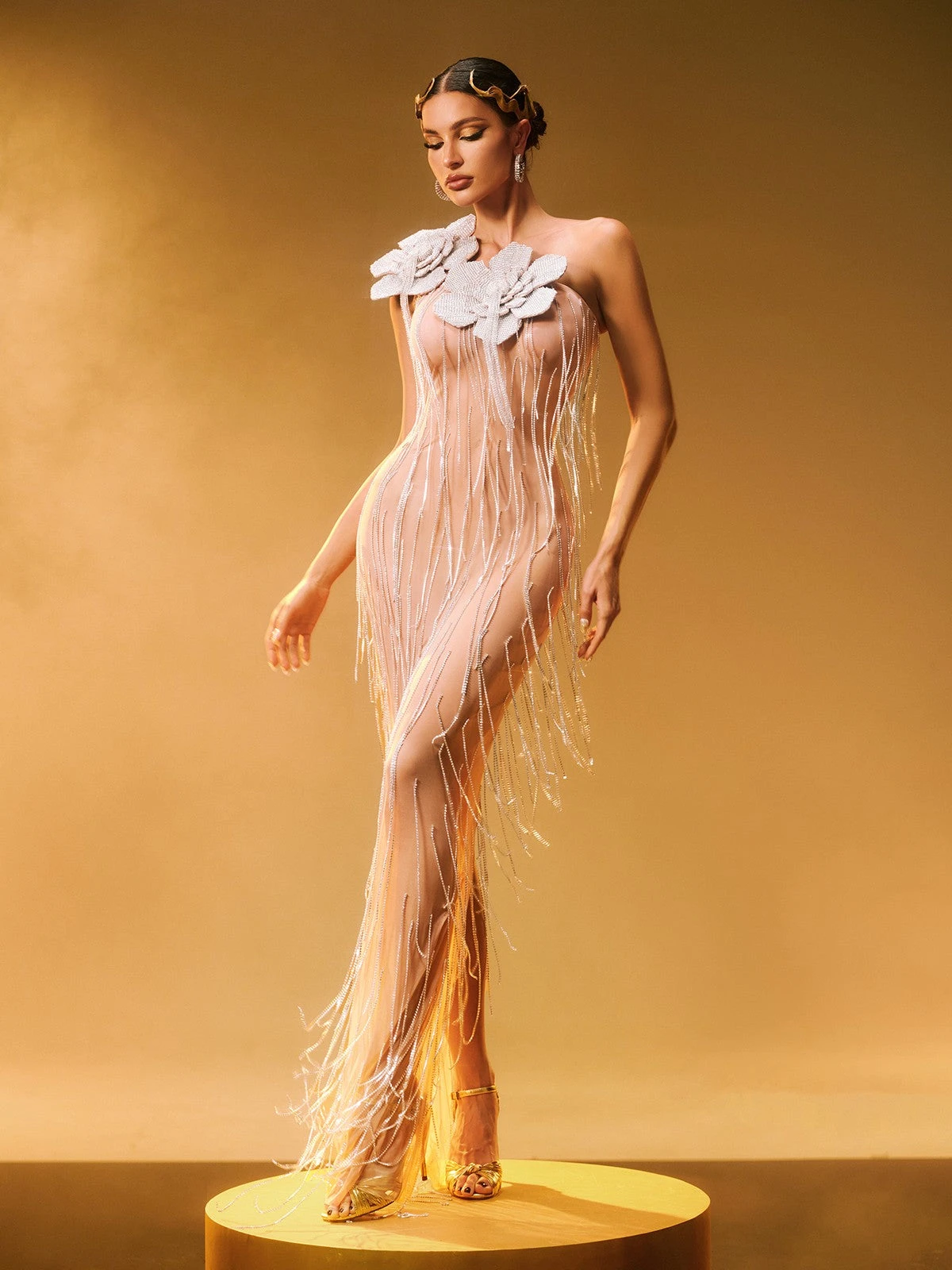 Ephira Crystal Flower Fringe Maxi Dress - Image 4