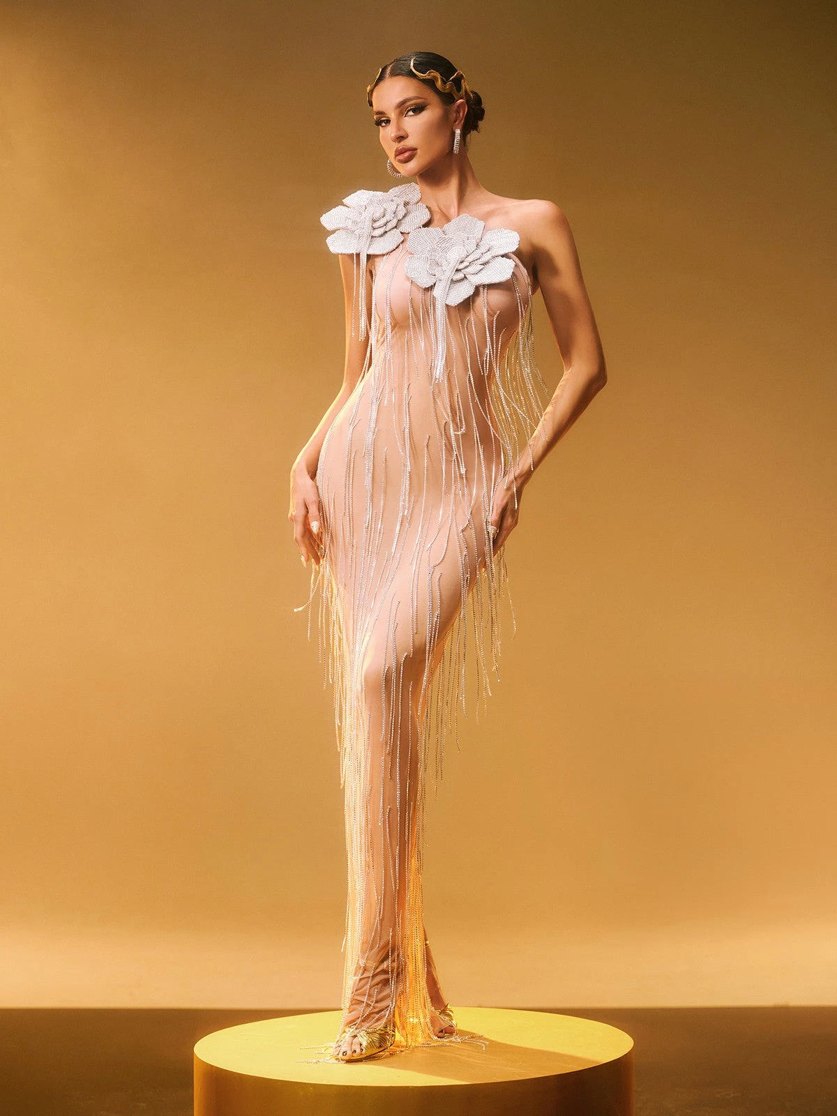 Ephira Crystal Flower Fringe Maxi Dress - Image 5