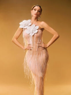 Ephira Crystal Flower Fringe Maxi Dress