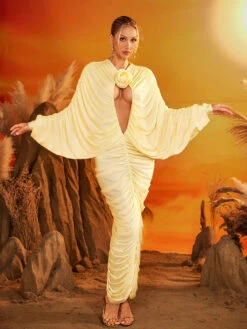 Eryvix Cutout Flower Ruched Maxi Dress