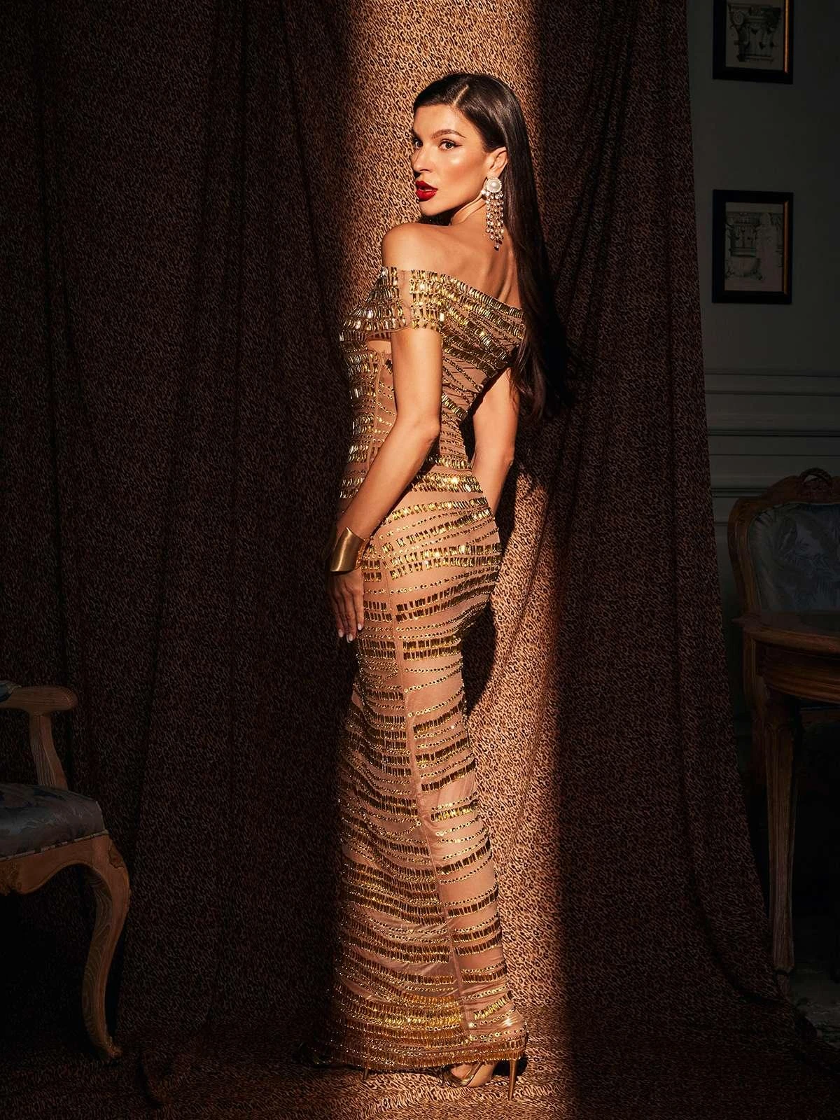 Eryx Off Shoulder Rhinestone Mesh Maxi Dress - Image 6