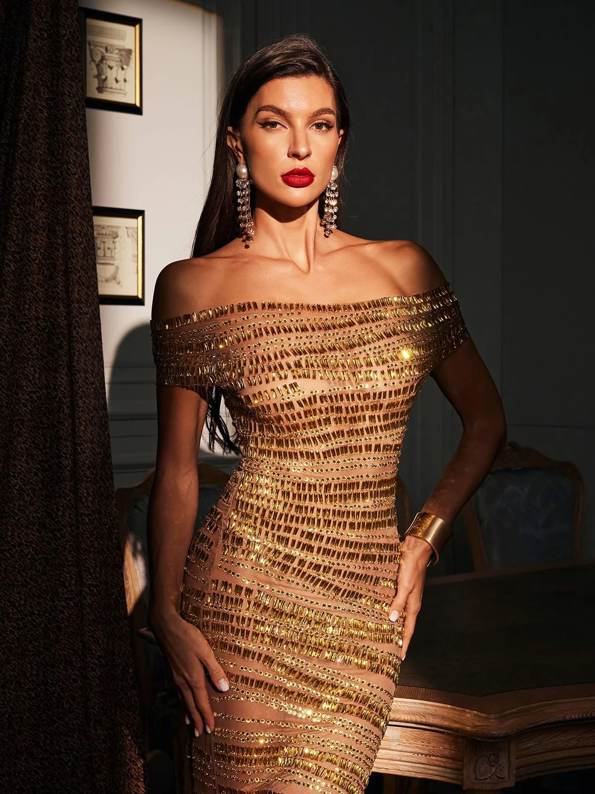 Eryx Off Shoulder Rhinestone Mesh Maxi Dress - Image 5