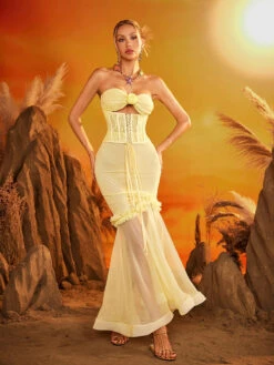 Ezrion Strapless Lace Up Mesh Maxi Dress