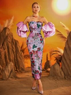 Faelith Puff Sleeve Floral Midi Dress