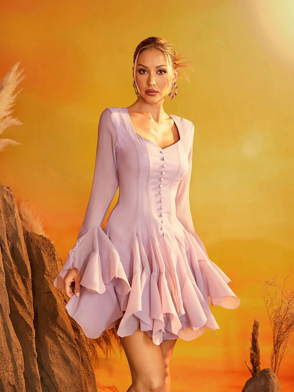 Faldrex Flare Sleeve Ruffle Mini Dress In Pink - Image 2