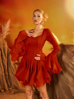 Faldrex Flare Sleeve Ruffle Mini Dress In Wine