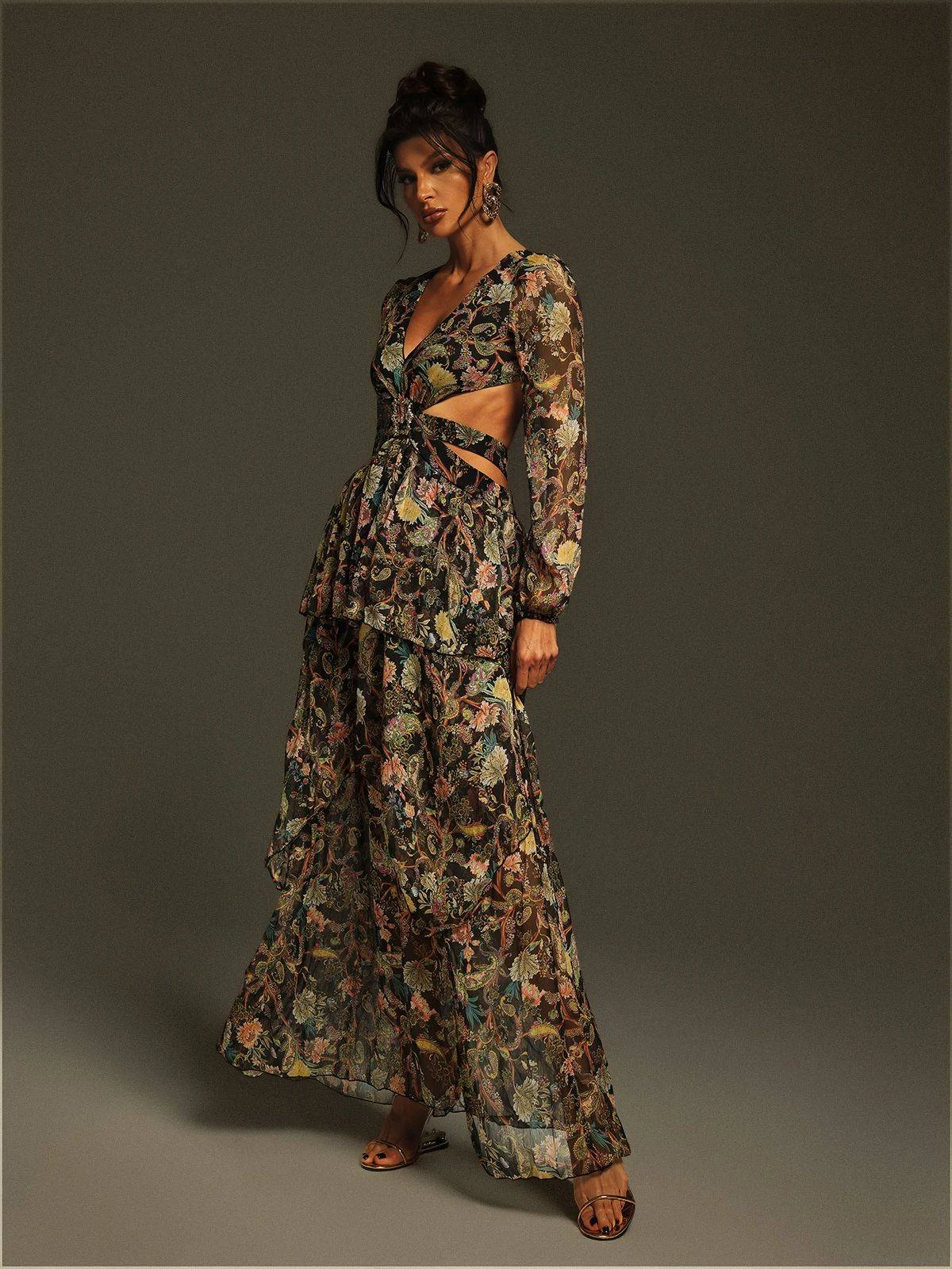 Flavio V Neck Printed Cutout Maxi Dress - Image 4