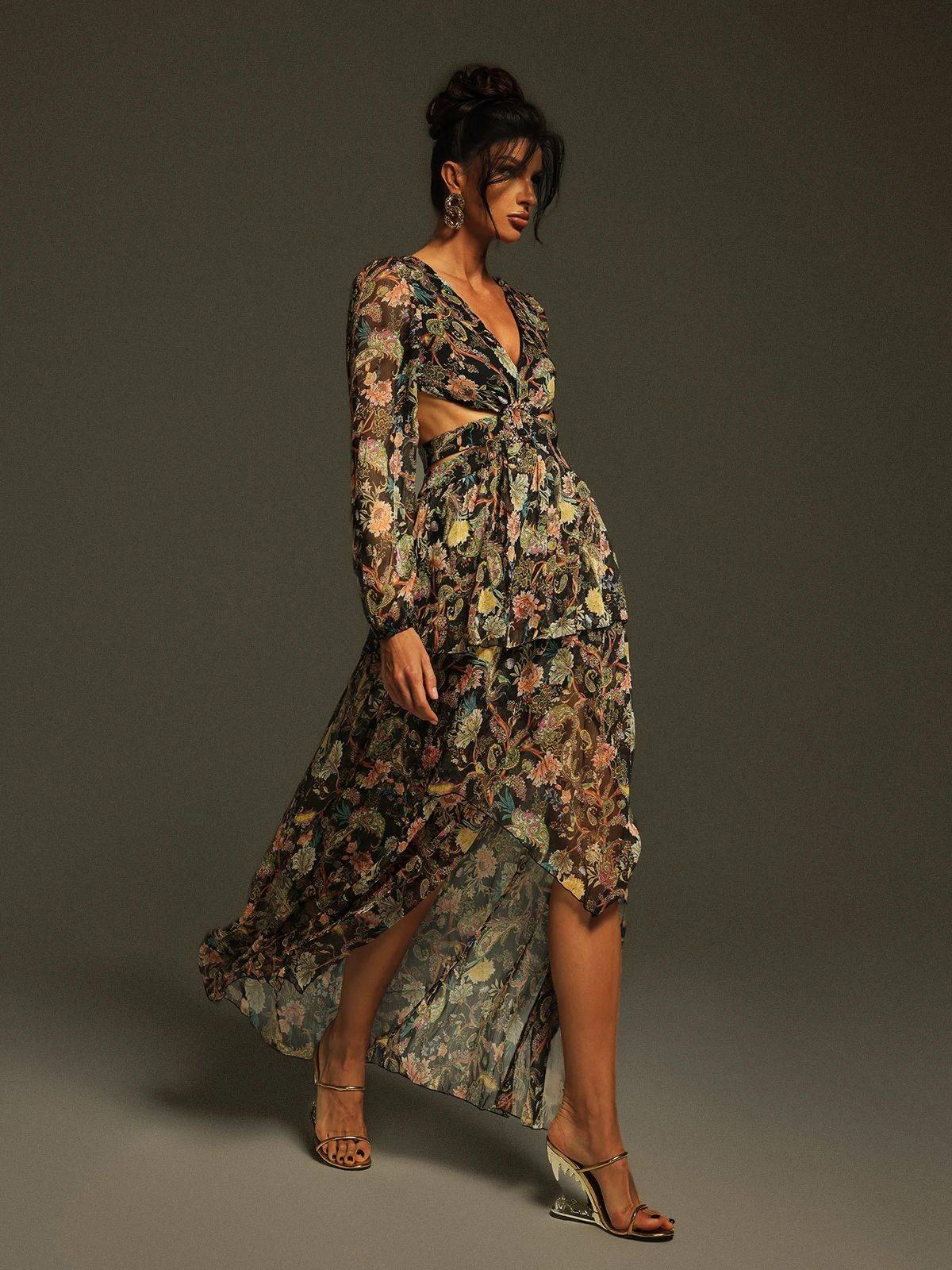 Flavio V Neck Printed Cutout Maxi Dress - Image 3