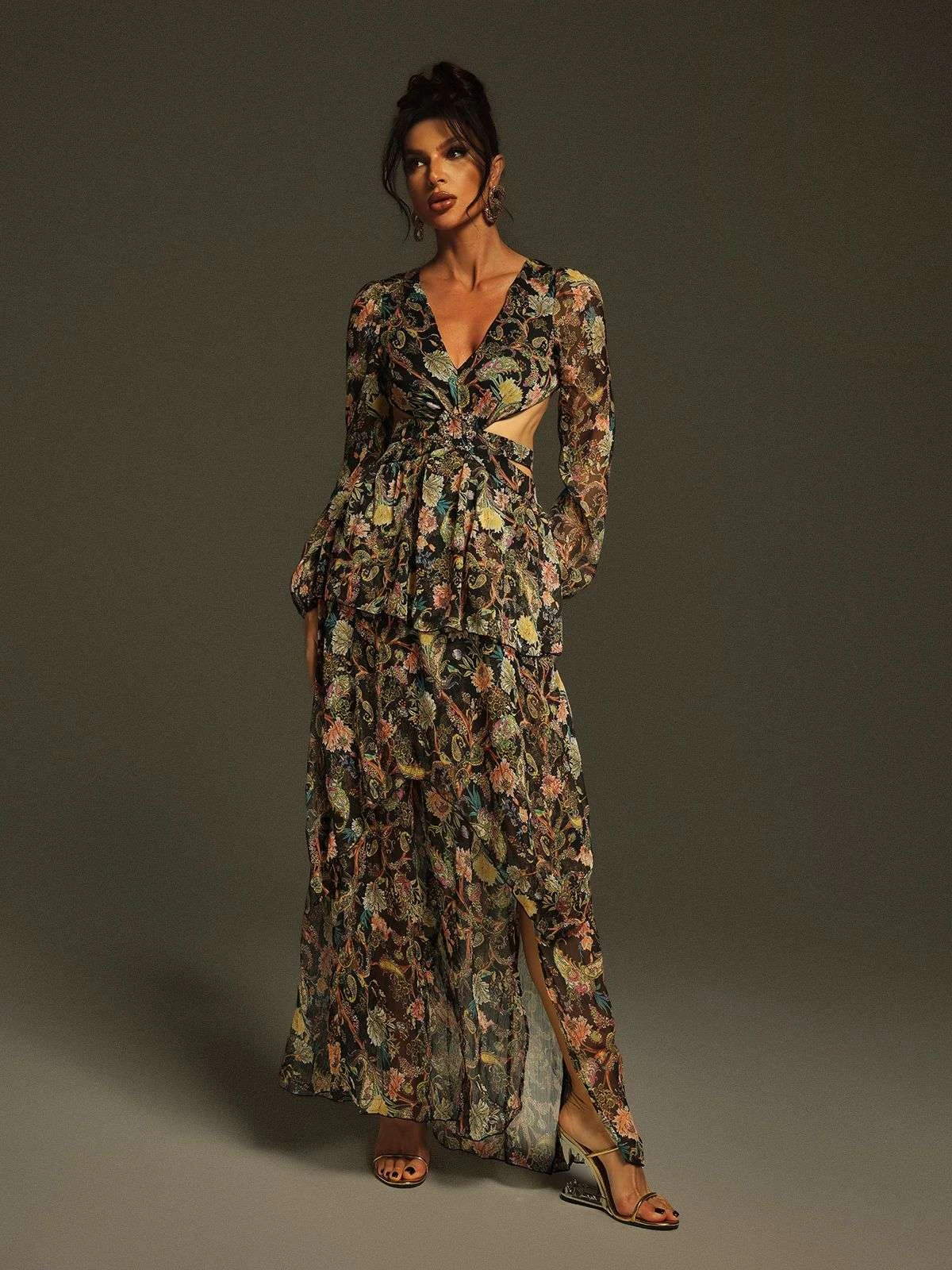 Flavio V Neck Printed Cutout Maxi Dress - Image 5