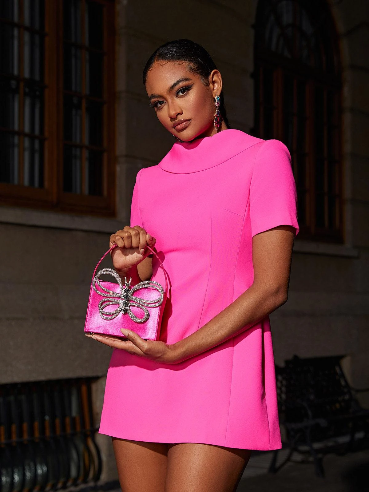 Florrie Short Sleeve Bow Mini Dress In Hot Pink - Image 5