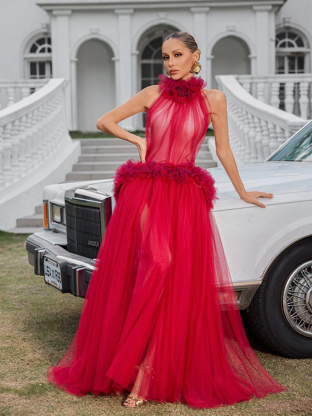 Fyrielle Halterneck Tulle Maxi Dress In Red - Image 3