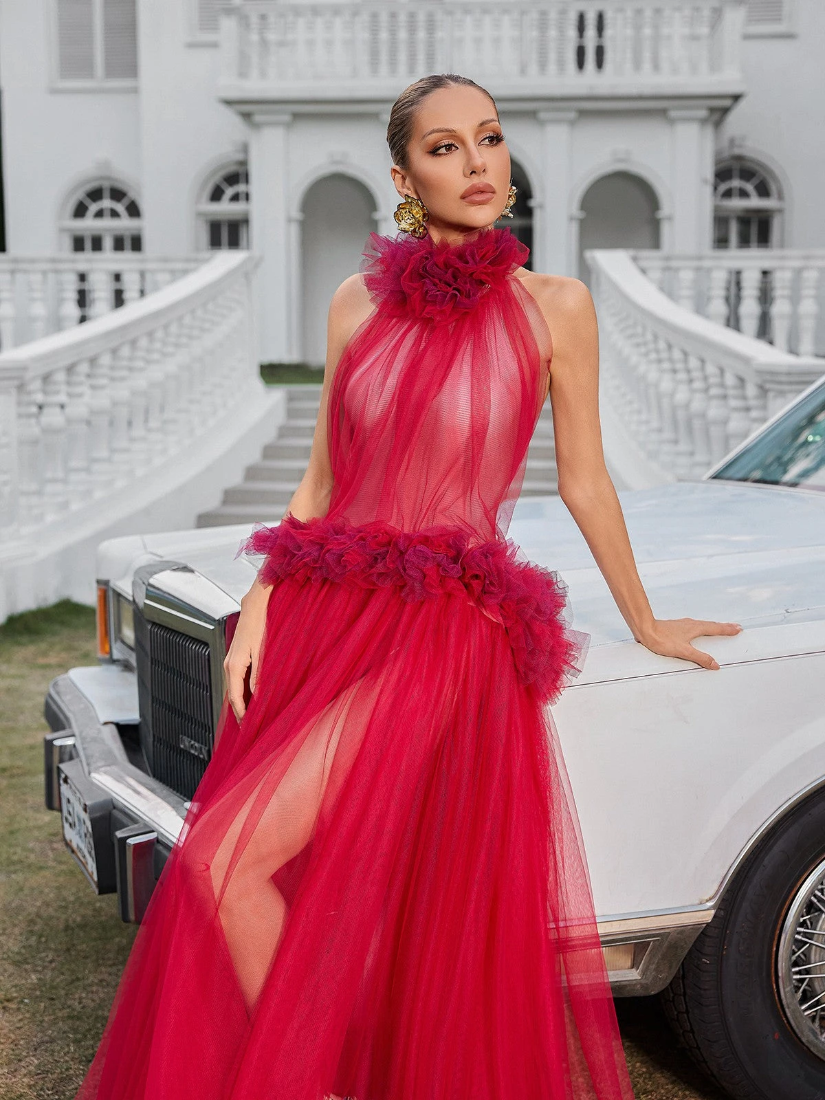 Fyrielle Halterneck Tulle Maxi Dress In Red - Image 5