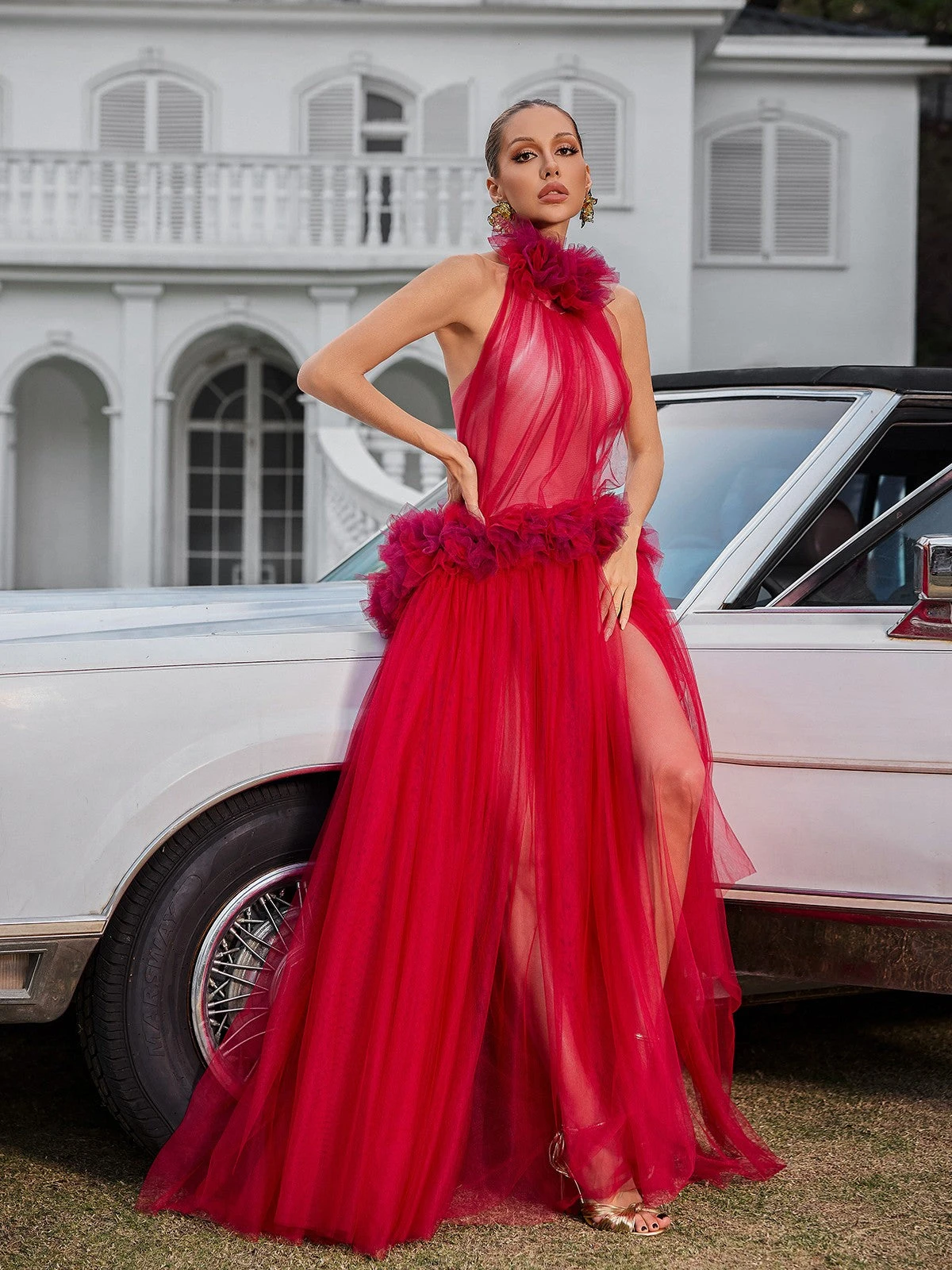 Fyrielle Halterneck Tulle Maxi Dress In Red