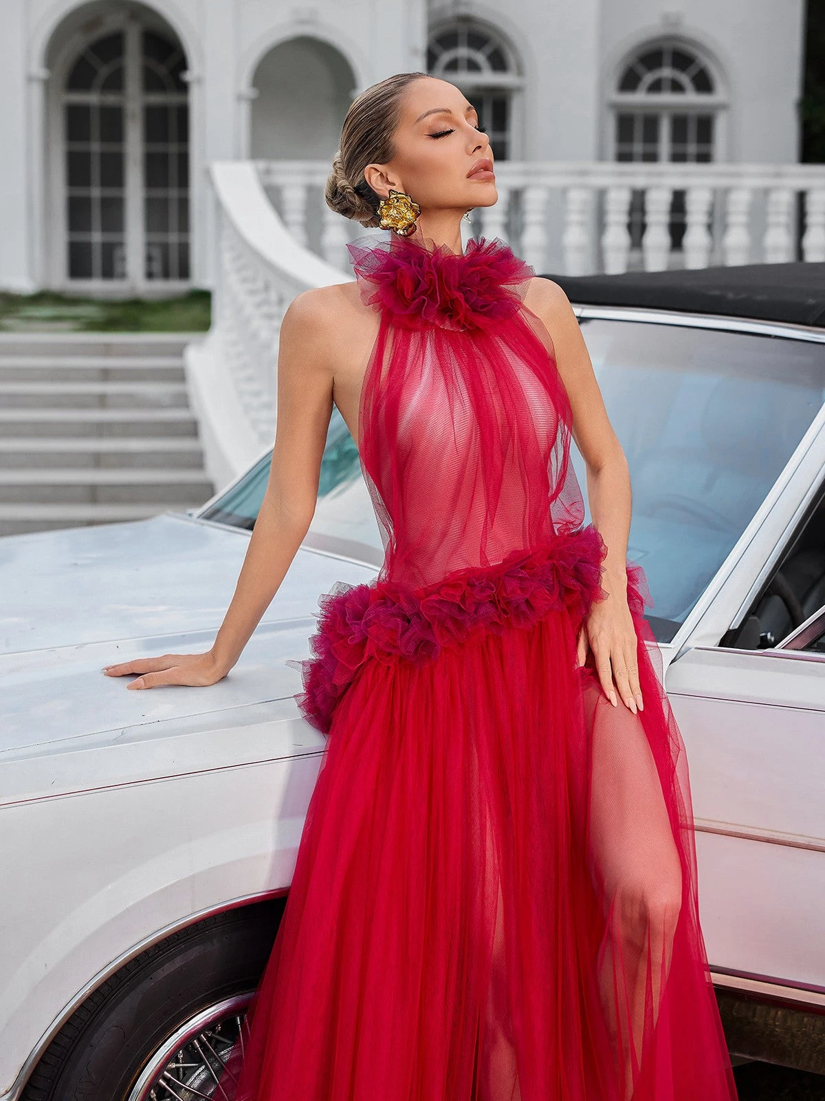 Fyrielle Halterneck Tulle Maxi Dress In Red - Image 4
