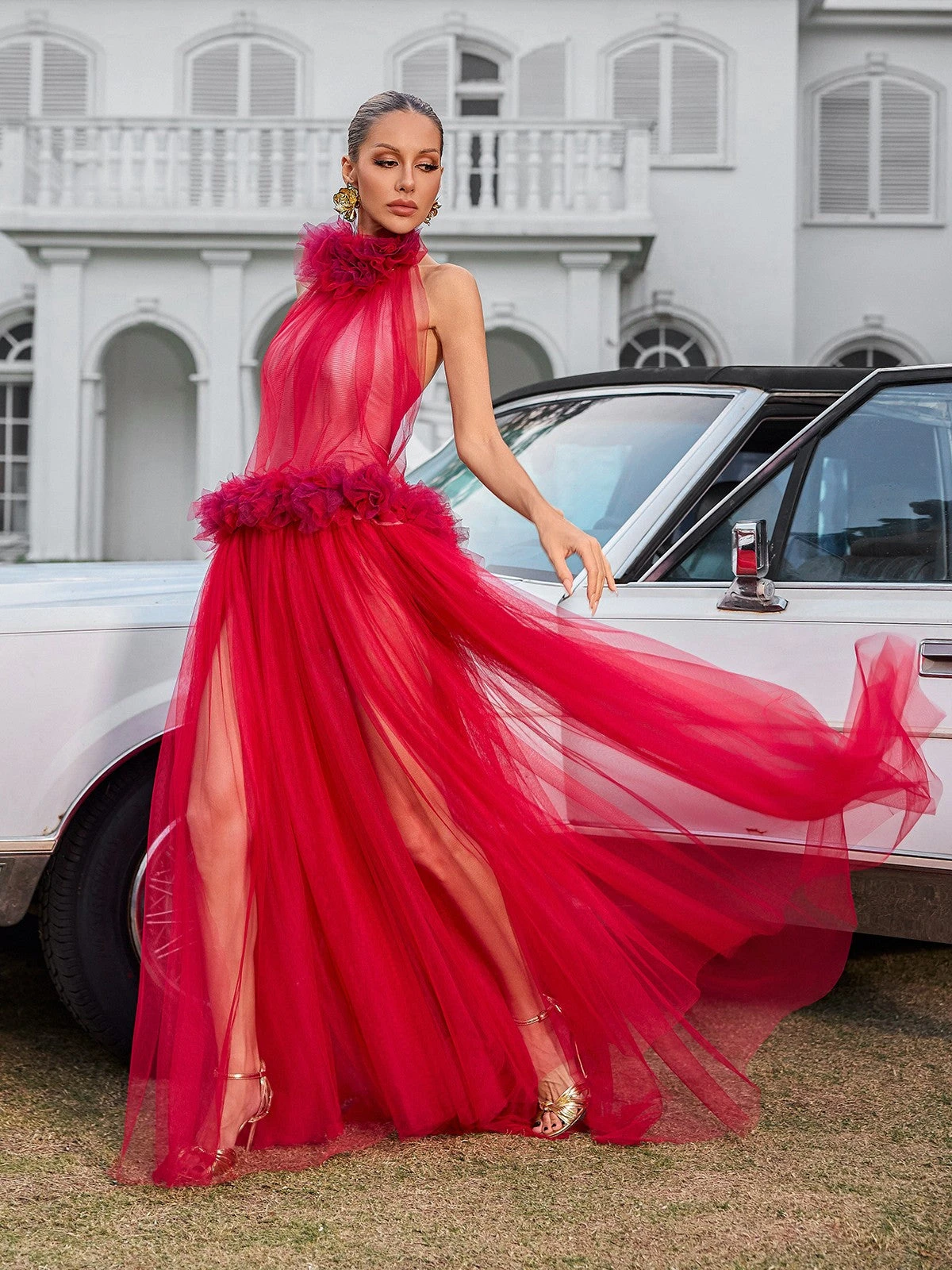 Fyrielle Halterneck Tulle Maxi Dress In Red - Image 2