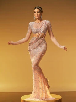 Gaelara Long Sleeve Embellished Split Maxi Dress In Nude