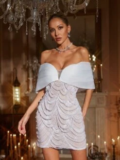 Geniinewab Off Shoulder Pearl Embellished Mini Dress