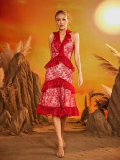 Gexor V Neck Embroidered Midi Dress