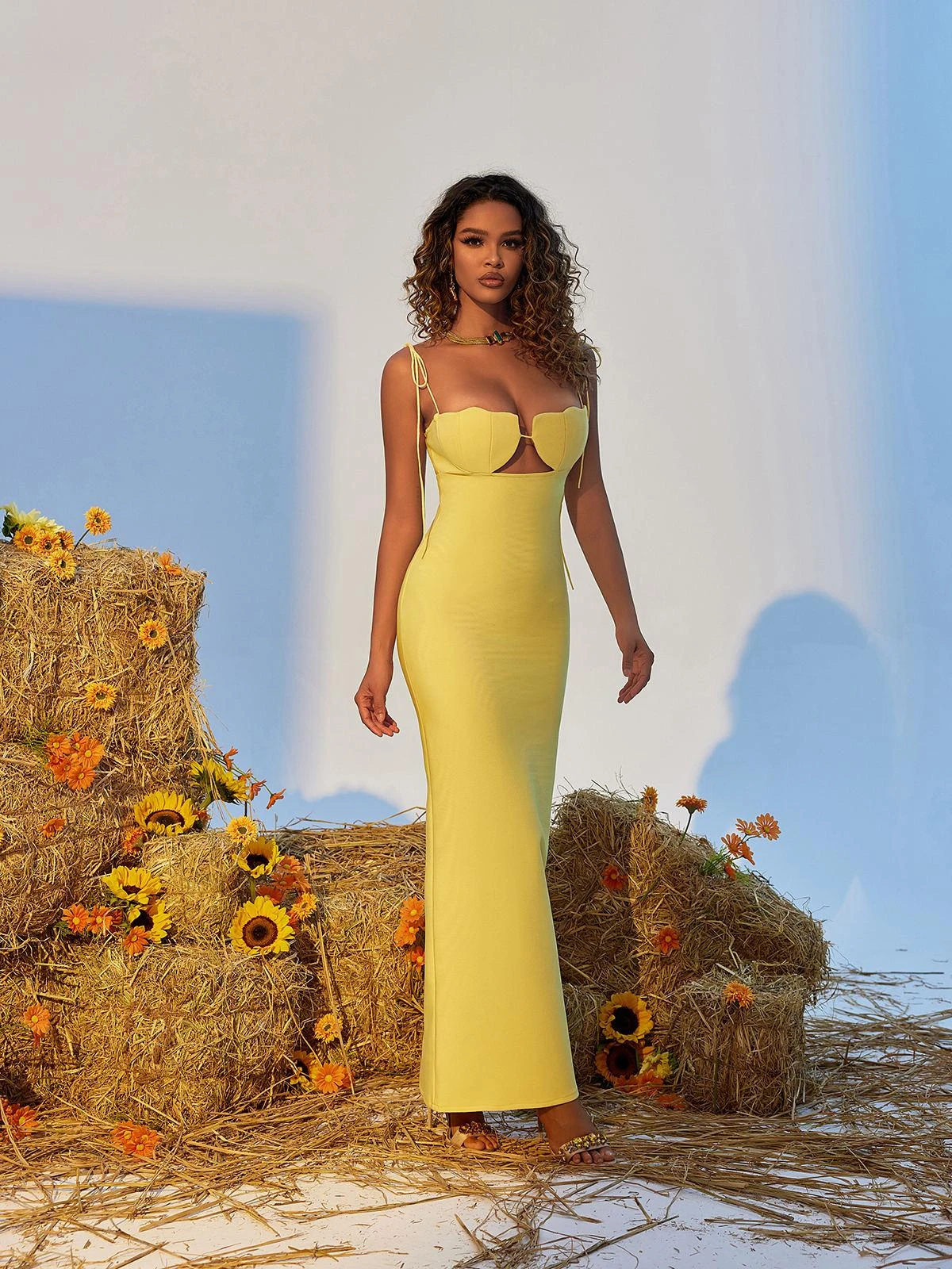 Gwyn Shell Cutout Maxi Bandage Dress In Yellow - Image 4