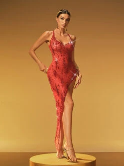 Haelin Spaghetti Rhinestone Split Midi Dress