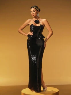 Haelric Spaghetti Sequin Flower Maxi Dress