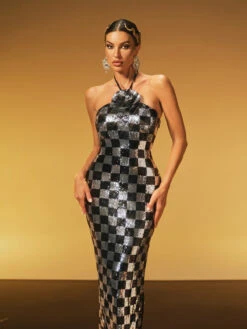 Hexar Halterneck Flower Sequin Maxi Dress