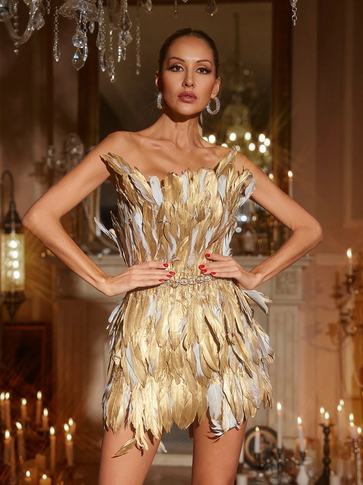 Hummer Strapless Feather Embellished Mini Dress - Image 4