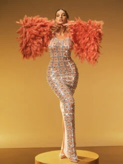 Hyrix Feather Bell Sleeve Embellished Maxi Dress