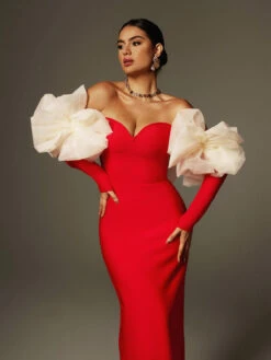 Ifra Off Shoulder Flower Bandage Maxi Dress In Red