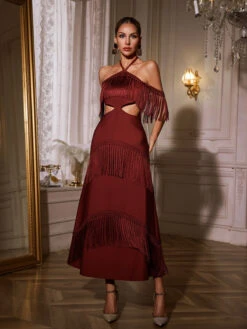 Izumi Fringe Bandage Maxi Dress In Maroon