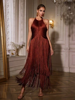 Izumi Halterneck Fringe Bandage Maxi Dress