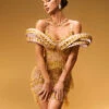 Jaimarie Off Shoulder Rhinestone Fringe Mini Dress In Gold