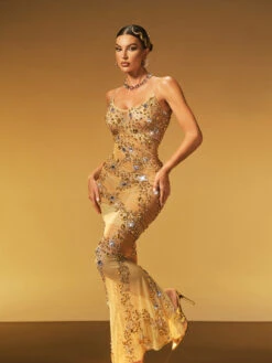 Jaldris Crystal Split Mesh Maxi Dress