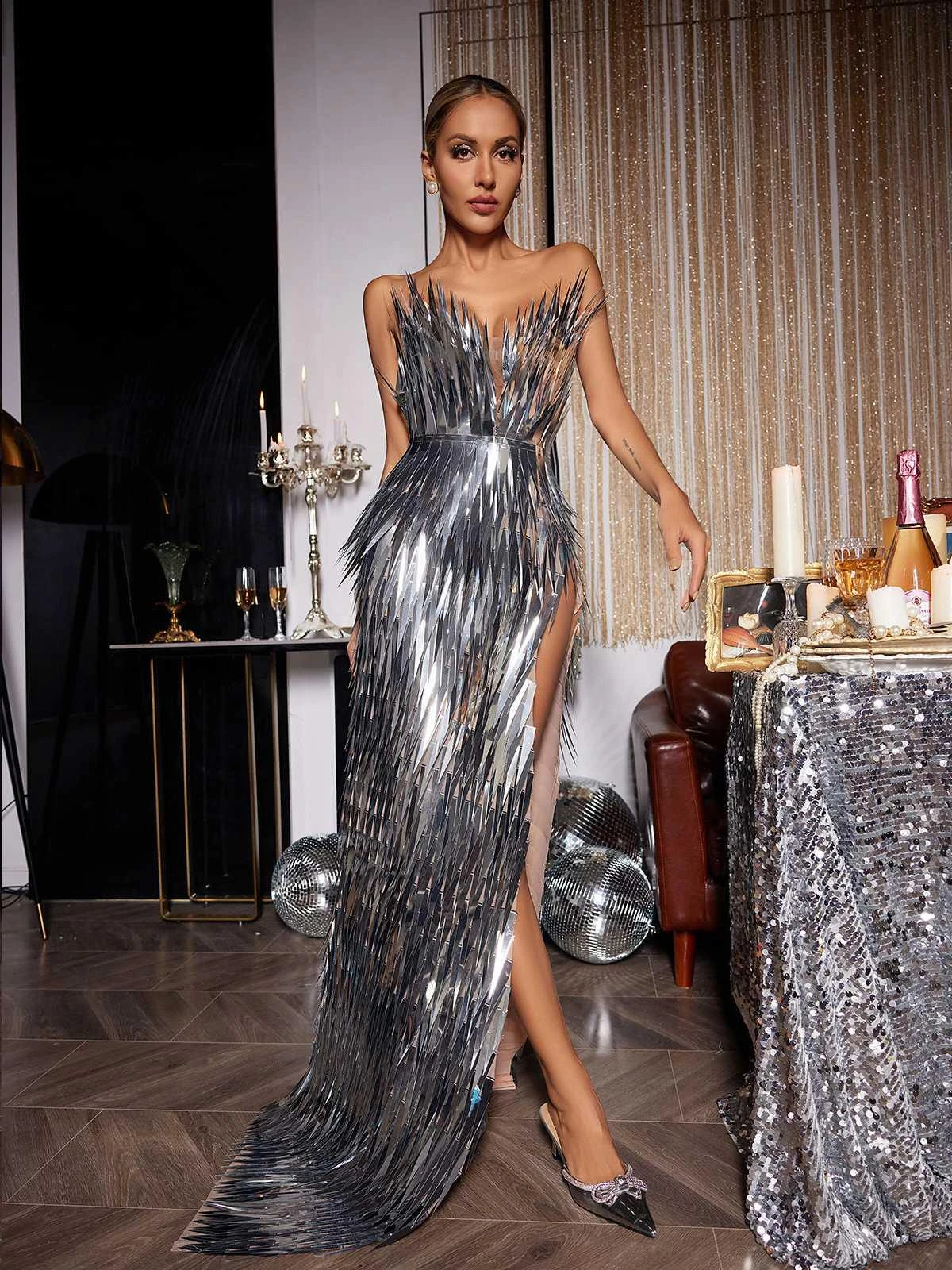 Jimmie Metal Feather Dress In Silver - Image 4