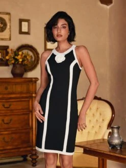 Jyll Round Neck Flower Knitted Mini Dress In Black