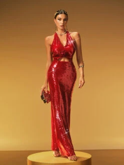 Jyrion Halterneck Flower Cutout Maxi Dress