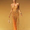 Jyrviel Strapless Chain Fringe Mesh Maxi Dress