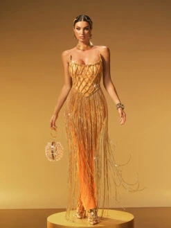 Jyrviel Strapless Chain Fringe Mesh Maxi Dress