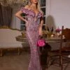 Kaprisha Off Shoulder Sequin Ruffle Maxi Dress