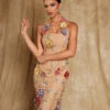 Kohen Halterneck Flower Embroidered Midi Dress