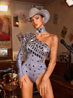 Laelara One Shoulder Acrylic Rhinestone Bodysuit
