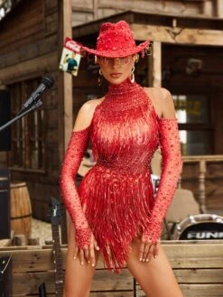 Lakendra Long Sleeve Crystal Fringe Bodysuit