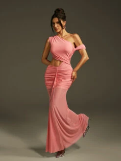 Lakia Cutout Ruched Mesh Maxi Dress
