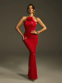 Lalette Halterneck Flower Rhinestone Maxi Dress