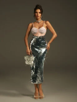 Latisha Spaghetti Pearl Sequin Midi Dress