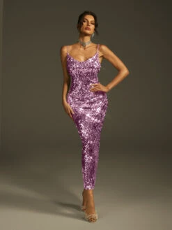 Laurie Spaghetti Sequin Midi Dress In Purple