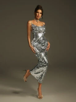 Laurie Spaghetti Sequin Midi Dress In Silver