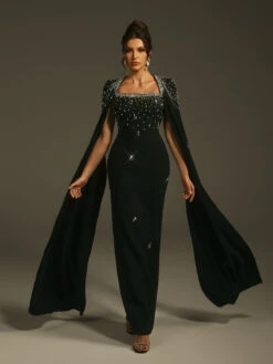 Leola Cape Sleeve Rhinestone Maxi Dress